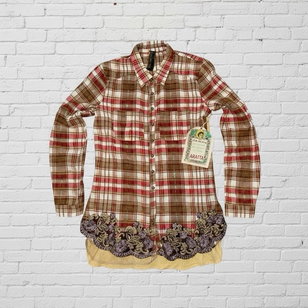 Aratta‎ Silent Journey Top Women XS Plaid Floral Embroidered Boho CottageCore